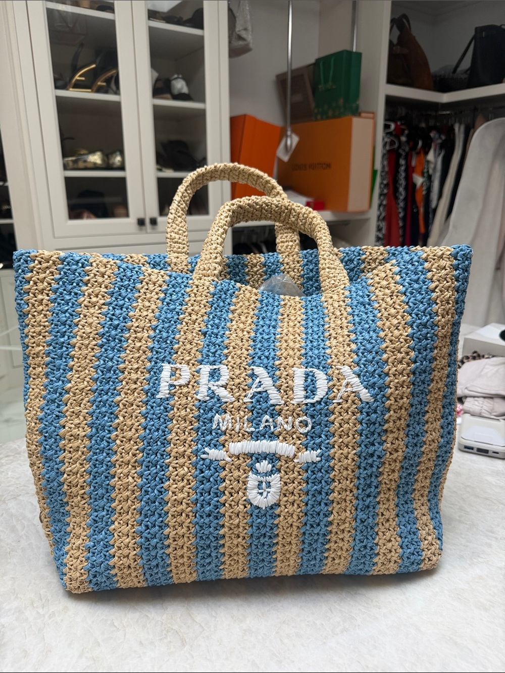 Prada Large Blue Natural Striped Raffia Tote Bag Logo Beach Shopper